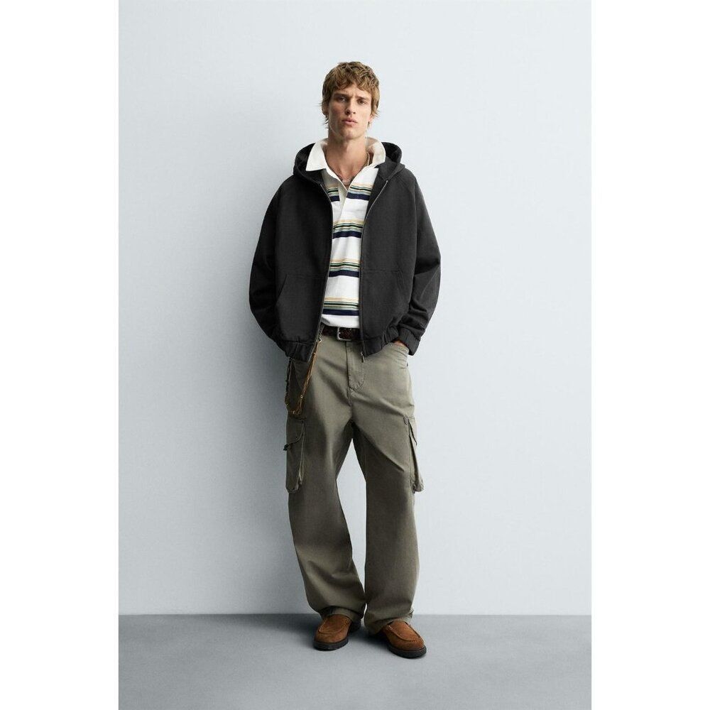 Zara Mens Boxy Fit Hoodie Jacket Large Khaki Kangaroo Pockets 4729/302 NWT